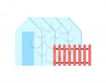 Greenhouse hothouse and red wooden fence. Orchard for growing products in warm place. Construction made of glass farming building isolated on vector