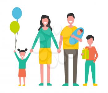 Family with children holding newborn baby, gift box and balloons. Parents beside kids ready for birthday party carrying present vector illustration.