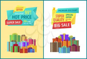 Premium big discount hot prices set. Special sales exclusive offer form stores. Gifts in squared boxes with ribbons decoration of presents vector