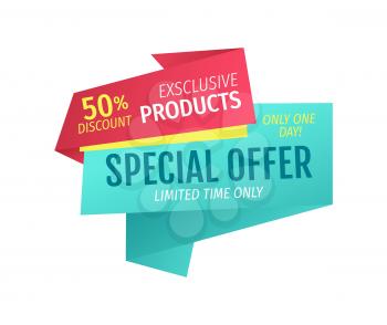 Special offer only one day banner for shop or store. Exclusive products for half-price discount phrase on geometrical tape promotional vector poster.