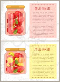 Canned tomatoes food set of posters with editable text. Conservation of vegetables of different types. Dill and leaves accompaniment to pickles vector