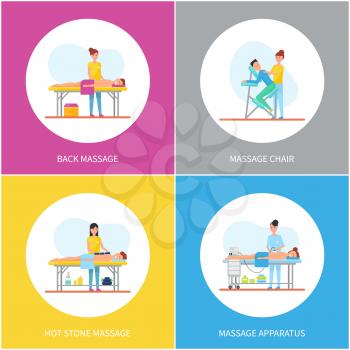 Back massage and apparatus equipment for skin and body care icons set vector. Treatment and healthcare improvement, table and chair hot stones method