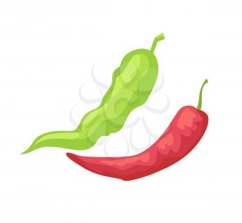 Pepper pods isolated vector icon in cartoon style. Red hot and green chili hand drawn relish, badge of spice and seasoning, cafe menu cover emblem