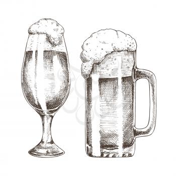 Glitter ale goblets and foamy beer graphic art, vector illustration of glassy utensil isolated on white background, frothy alcohol drinks in glasses