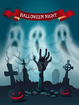 Happy Halloween scary cemetery poster with text on ribbon vector. Apparitions and hand of zombie from grave. Graveyard with ghosts and dry trees