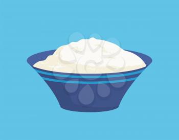 Cottage cheese in bowl isolated icon vector. Closeup of curd in plate, portion full of proteins and vitamins. Homemade domestic dish made of milk