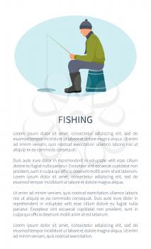 Fishing in winter, fisherman with rod vector illustration. Sitting on folding chair fisher with fish-rod in sportswear, near hole in ice, sport theme