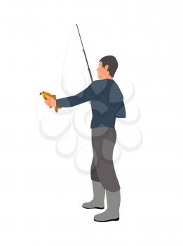 Full length gray clothed fisherman with fishing rod vector model catching a small fish. Fishery theme illustration on white for magazine or site.