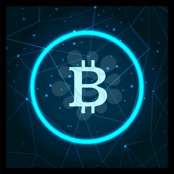 Bitcoin cryptocurrency digital art icon vector. Blockchain technology mining and getting profit benefit from virtual money. Finance and banking online