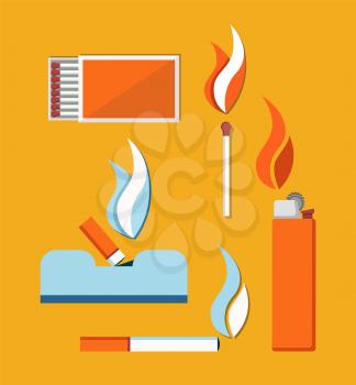 Cigarettes matches and cigar lighter vector card, illustration isolated on yellow background, flames icons collection, trash bucket with falling stub