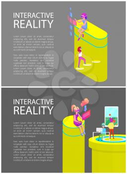 Interactive reality tennis set posters with people using innovative technologies. Woman downloading files form web, man playing games on screen vector