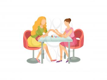 Spa salon, manicure and hand treatment, nails polishing vector. Isolated icon of manicurist and client, people talking at work. Pleasant procedure