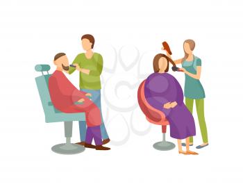 Spa salon woman and man barber hairdresser vector. Isolated icons set of people working in beauty industry, male and female clients changing hairstyle