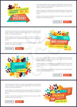 Mega discount natural product special hot price and best choice of goods. Posters set one day only premium offer autumn proposition buy now vector
