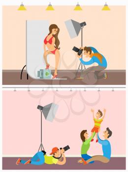 Photographer and model in swimsuit at photo studio. Man holding camera making shots of happy family parents mother father and boy kid vector room interior