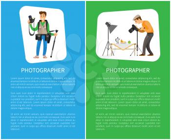 Photographer making shot of still life composition and journalist with tripod. Man with camera taking photo, fruits on table under spotlight vector posters