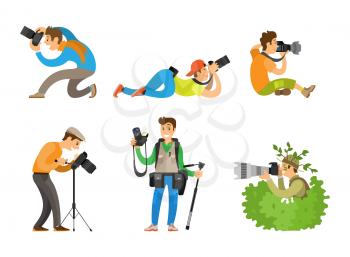 Photographers or paparazzi taking photo with digital cameras from all angles and bush. Journalists or reporters spy and follow vector illustrations.