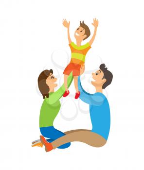 Happy family with child posing for photo. Mother and father holding son above head sitting on ground. Parents raising kid up vector illustration.