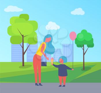Mother with daughter in entertainment park cartoon vector poster. Woman with bag buying ice cream and balloon with helium for child, buildings and green trees
