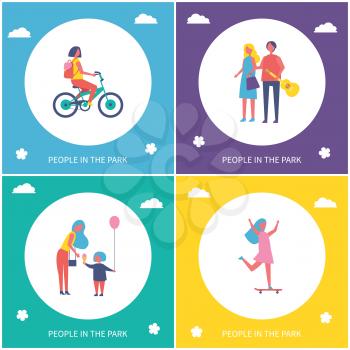 People in park cartoon style color vector banner set. Girls simple shapes riding bicycle and on skateboard, couple walking and mother with daughter