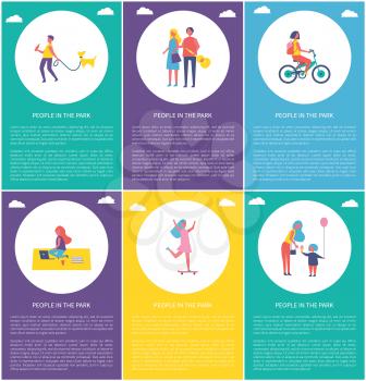 People in park having fun and entertaining isolated cartoon vector poster. Girl riding bike and on skateboard, boy walking dog, teen sit on blanket
