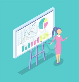 Woman at blackboard present project isolated vector icon cartoon banner. Businesswoman in suit with pointer shows diagrams, bar charts and graphs