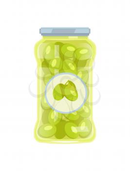 Olives preserved food in glass jar vector icon isolated on white. Conserved green veggies, traditional mediterranean cuisine pickled marinated snack