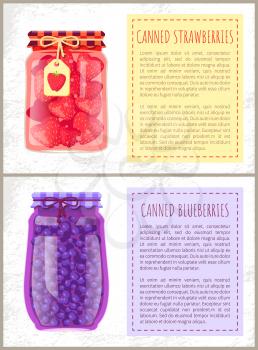 Canned strawberries and blueberries in jars banners set. Preserved berries inside glass containers beside text, conserved food, vector illustrations.