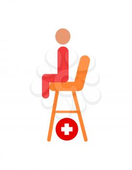 Seat of lifesaver on beach vector cartoon icon. Sitting person primitive shape, place for saver on height, red cross for medical help isolated badge