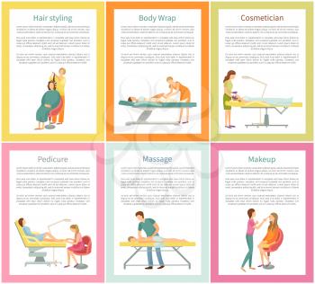 Hair styling and body wrap posters set with text sample and clients vector. Cosmetician and pedicurist, visagiste and masseur. Massage and pedicure