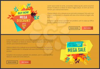 Mega discount buy now posters set. Limited time only sale exclusive promotion banners with autumn leaves. Premium offers autumn proposition vector