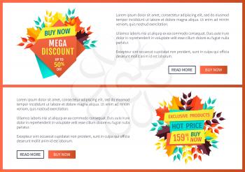 Mega discount buy now posters set. Autumn sale offers on natural products. Seasonal decrease in cost propositions and promotions in autumn vector