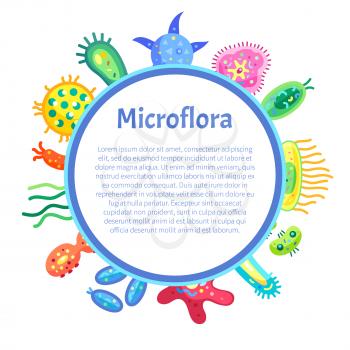 Microflora poster for kids and children healthcare education. Informative text sample in round frame with bacteria, microbe and viruses on border.