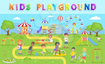 Kids playground in green park vector illustration, happy children playing in summer garden with different swings, carrousel and observation wheel