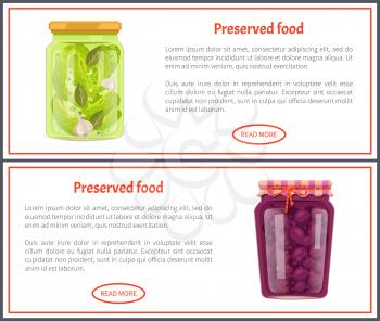 Preserved food Internet banners, vegetable and fruit. Cucumbers with garlic, plum in juice inside jars web page template vector illustrations set.