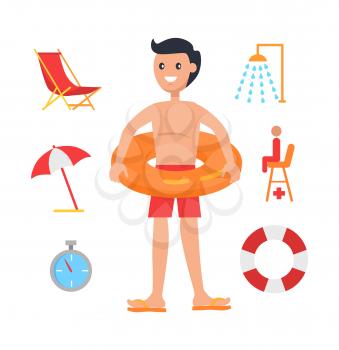 Young man surrounded with swimming equipment vector icon. Beach umbrella and sunbed, lifebuoy and stopwatch, seat of lifesaver and shower cartoon set