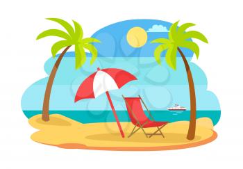 Seaside seashore sunny beach vector. Deck chair placed under umbrella protecting from burning sun. Tropical palm trees and ship, vessel in distance