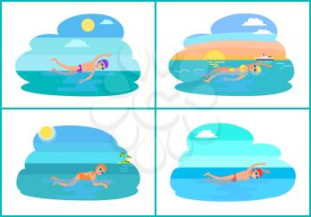 People swimming in pond cartoon vector badge. Sportsman floating different styles, in swimsuit, glasses and hat, isolated on landscape, sunny weather