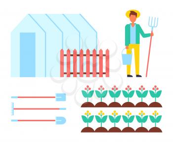 Farmer man and spades icons set. Farming equipment greenhouse orangery hothouse with fence and working male with spades hey-fork isolated vector icons