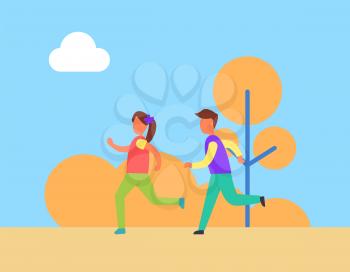 Children running, boy and girl jogging on road. Kids keeping fit, doing exercises and training together. Athlete lifestyle of family in motion vector