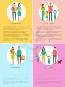 Happy family parents posters set with text vector. People spending time with kids, newborn child, boy and girl infants. Motherhood and parenthood