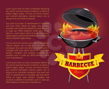 Hot BBQ barbeque party poster vector. Grilling sausages and frankfurters on grill griddle. Emblem with text on ribbon with forks. Brazier with food