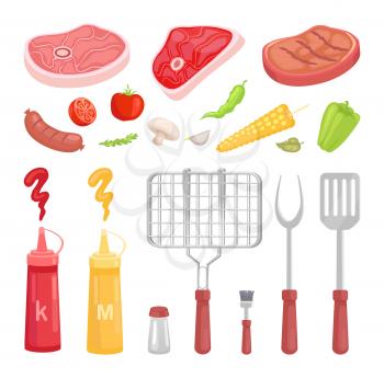 BBQ set, barbecue equipment and meat, vector icon. Grille and spatula, fork and small brush, veggie and herbs, sauce and spice, steak and sausage