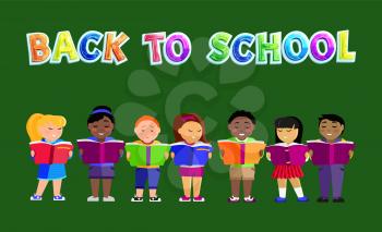 Back to school poster with kids holding books and reading stories. Schoolgirl and schoolboy educational activities for students pupils and text vector