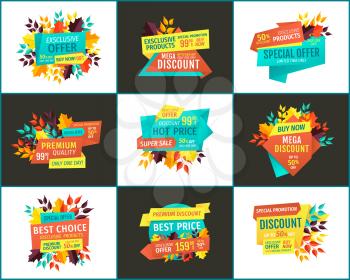 Sale with exclusive offer and best choice posters. Seasonal price reduction for autumn special off banners, fall leaves vector illustrations set.