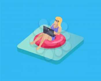 Freelancer on rest colorful vector illustration of woman programmer lying in rubber circle with laptop, abstract swimming pool and working lady 3D icon