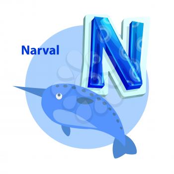 Narval marine creature for N letter children alphabet pastel color poster. Vector sea unicorn fish for right spelling and reading english consonant.