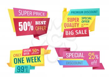 Super price best offer super quality week promotion special proposition for clients. Shopping sales banner with text set. Discounts isolated on vector