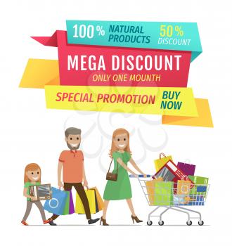 Mega discount for natural products to buy now vector banner. Special promotion for customers. Smiling family with shopping bags in trolley and hands.