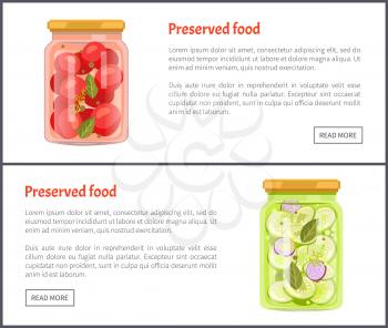 Preserved food tomatoes set of posters with text sample. Jars with pickles cucumbers onion slices and leaves. Conserved vegetables in containers vector